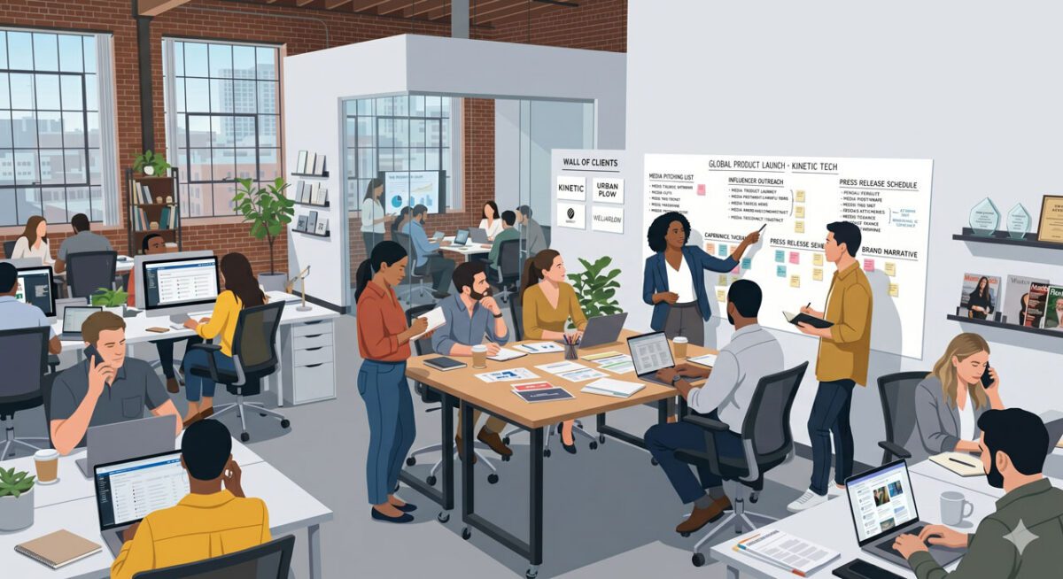 A flat vector-style illustration of a bustling, modern public relations (PR) agency office with an open-plan layout. In the center, a diverse group of PR professionals are gathered around a large wooden table collaborating, with one woman presenting ideas on a large whiteboard filled with sticky notes, a press release schedule, and an influencer outreach strategy. Other team members are working on laptops at individual white desks, talking on phones, and analyzing media campaigns in a bright, loft-style workspace with large industrial windows and exposed brick elements.