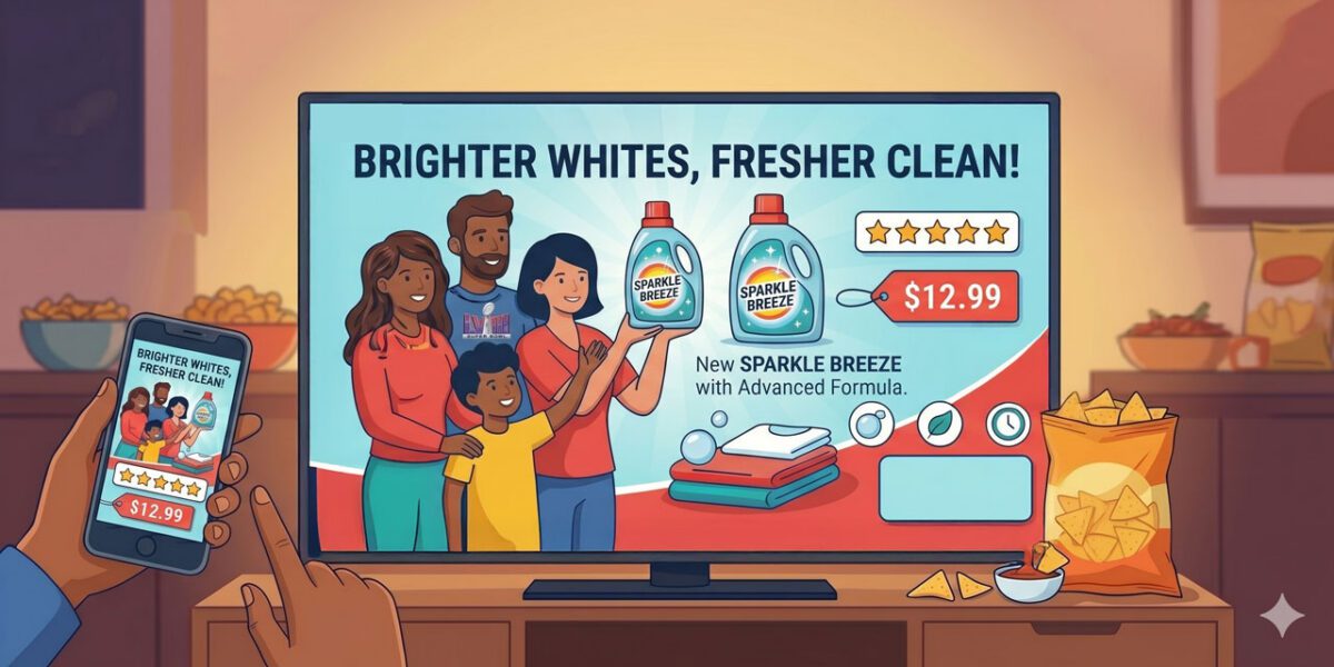 A flat vector-style illustration of a television screen displaying a colorful commercial during a Super Bowl broadcast. The commercial on the screen advertises "Sparkle Breeze" laundry detergent with the slogan "BRIGHTER WHITES, FRESHER CLEAN!" and features a smiling family.