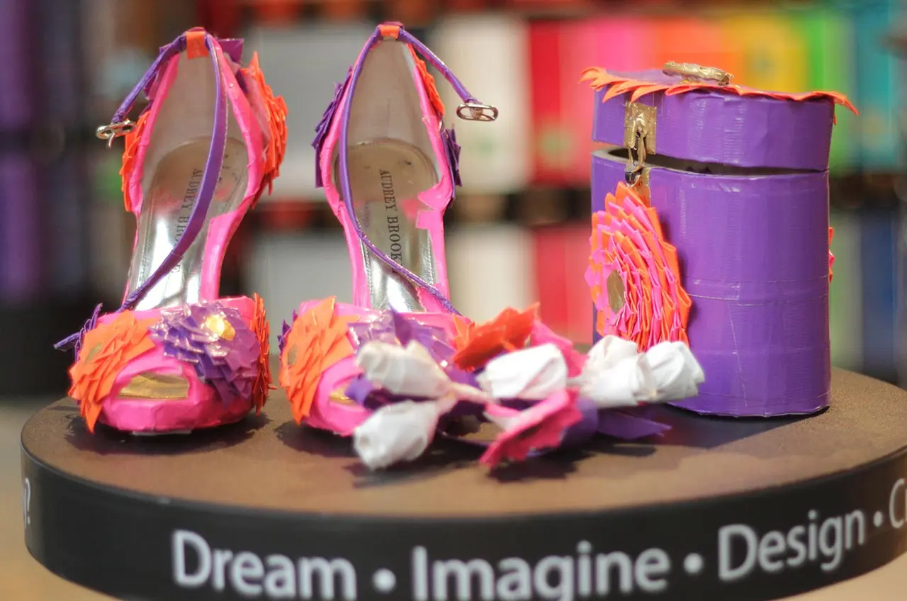 Hand Bag and High Heels Made From Duck Tape on Display in the popup store
