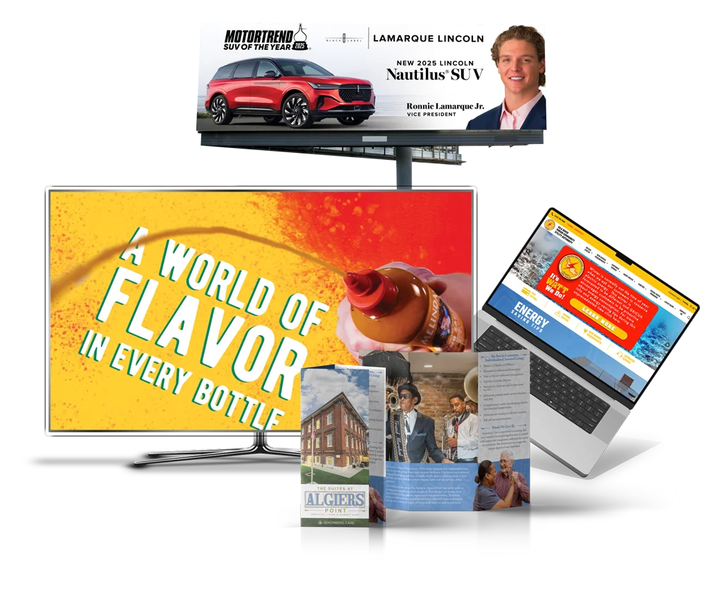 Design examples of a billboard, tv commercial, website and pamphlet.